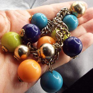 VINTAGE FUN TANGERINE, TURQUOISE, COBALT & LIME COLORED BALLS CHARM BRACELET 37